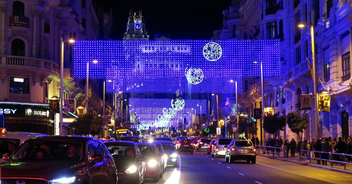 Christmas lights illuminating Gran Via in central Madrid at night